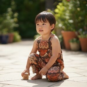 NWT HANDMADE Tiger Print Jumpsuit Overalls Brown Orange 2/3Y
